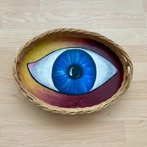 Hand Painted Eye Basket Folk Art Wooden Beads Gallery Wall Boho Tray Vintage
